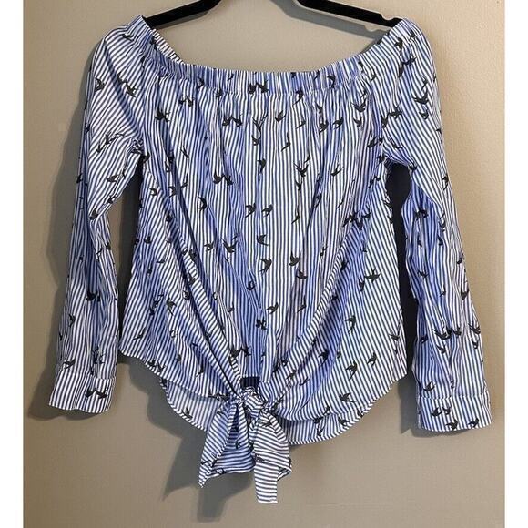 Express Blue Striped Bird Off Shoulder Shirt Blouse Top Size Small Peasant Crop - Picture 1 of 13